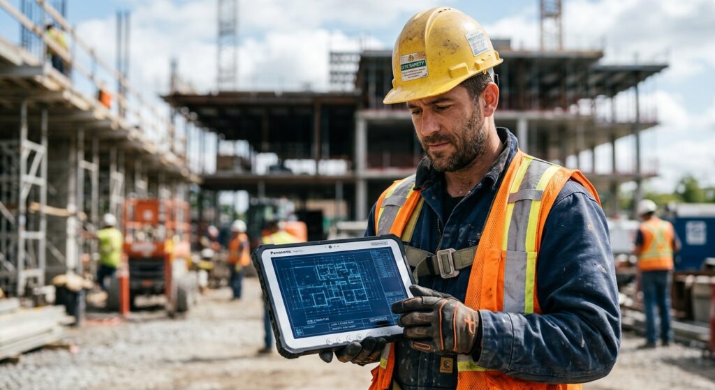 Focused portrait of a professional construction worker wearing a hard hat and high-visibility vest,