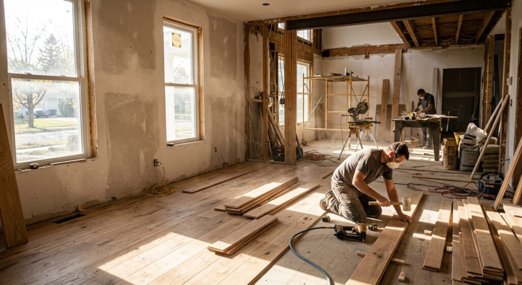 Interior view of a spacious living room during renovation with dust particles dancing in sunlight, h