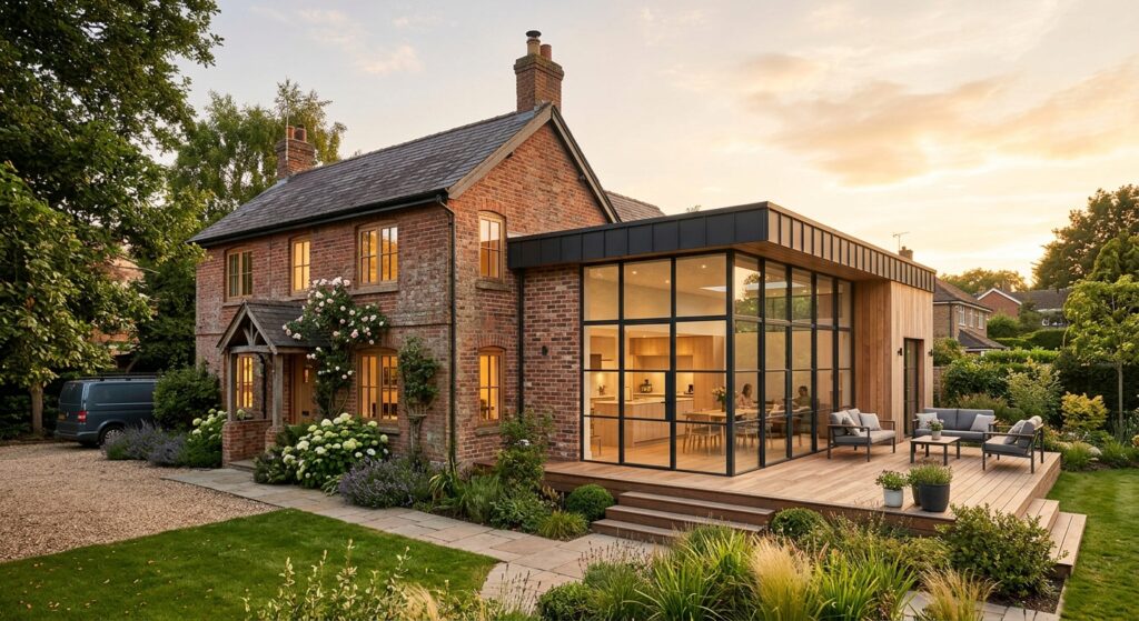 Exterior wide shot of a residential home renovation showing a seamless transition between old brick
