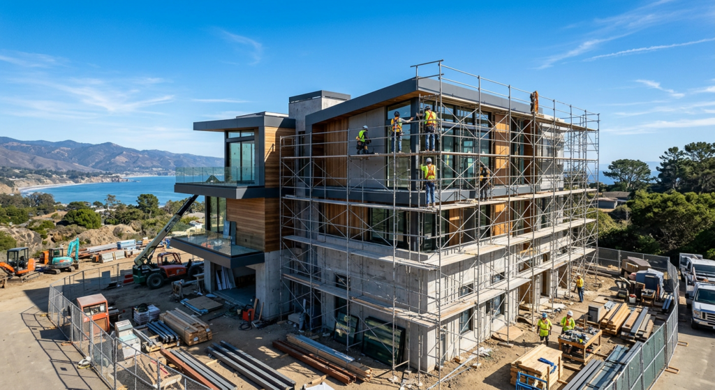 Modern architectural style house under construction with scaffolding against a clear blue sky, high-