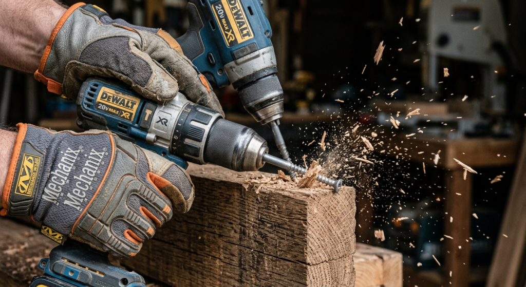 Close-up shot of a gloved hand using a professional power drill on a wooden beam, splinters flying,