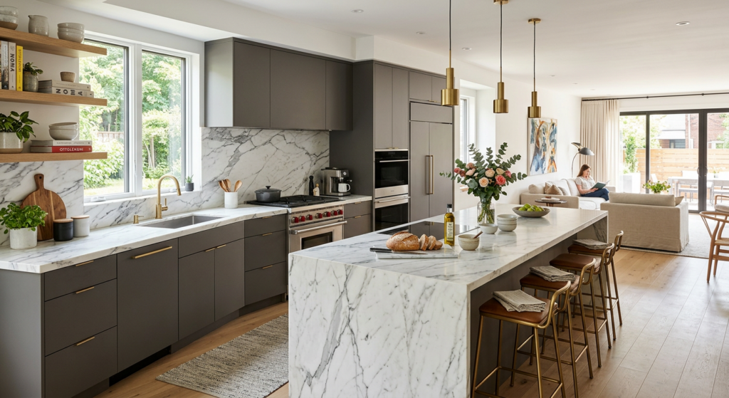 Open-plan kitchen renovation project with premium marble countertops and sleek soft-close cabinetry,