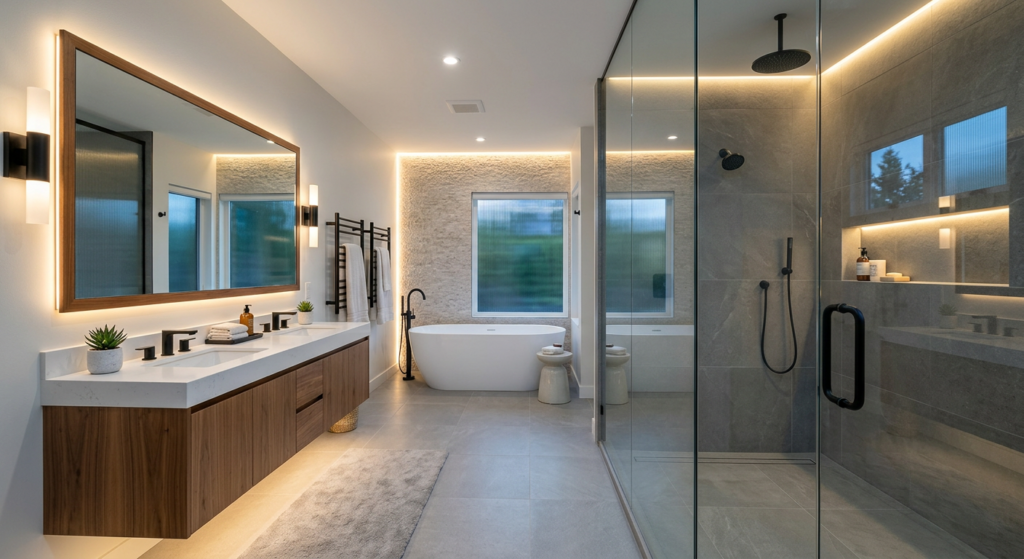 Modern bathroom transformation featuring minimalist design, glass walk-in shower installation, and a