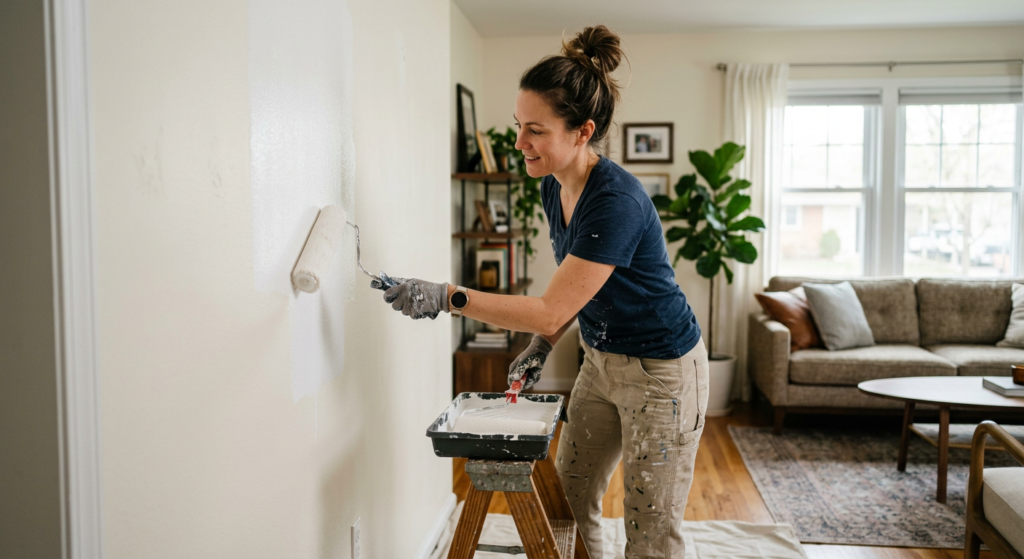 Professional painter carefully applying fresh white paint to a wall with a roller, blurred backgroun