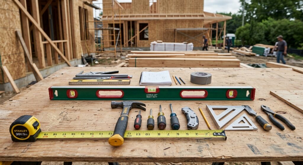 An organized workspace on a construction site featuring a neatly laid out array of professional tool